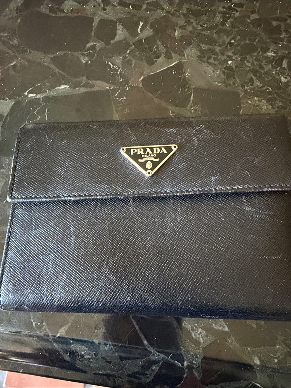 Prada Black Saffiano Leather Wallet with SilverLogo Plaque
